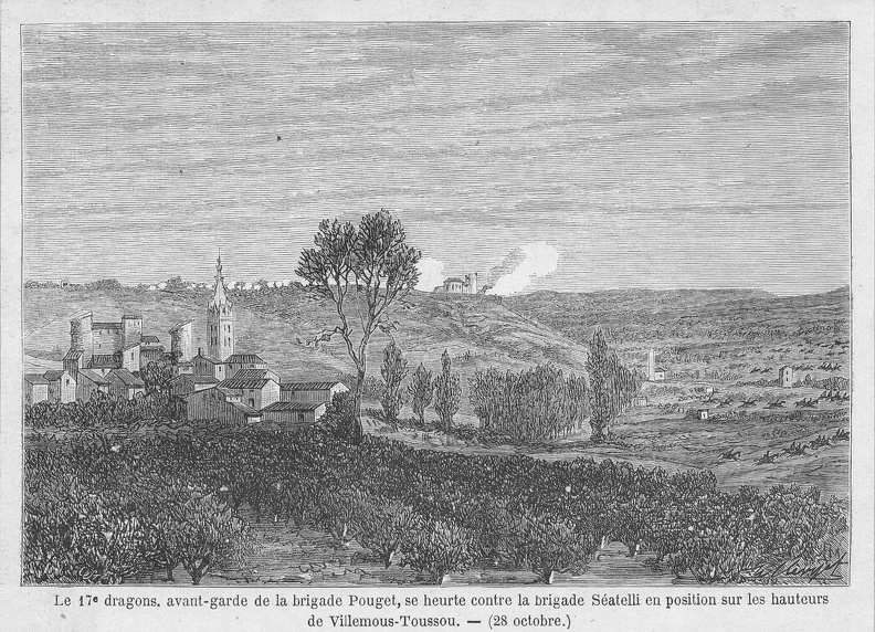 Gravure (ou reproduction de gravure) faite en 1874 par Fortuné Méaulle (1844-1901) et illustrant des manœuvres militaires pendant lesquelles les troupes de Pouget affrontent celles de Séatelli. villemoustaussou-gravure-niveaux.jpg