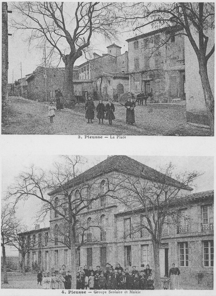 Reproduction d'une double carte postale montrant des anciennes vues du début du XXe siècle de la place principale et de la mairie de Pieusse dans l'Aude. pieusse-place.jpg