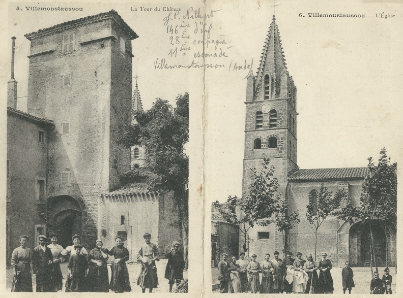 Villemoustaussou - L'église - la Tour du Château (carte double) - villemoustaussou-double-place-eglise.jpg villemoustaussou-double-place-eglise.jpg